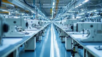 A spacious textile factory with rows of sewing machines and illuminated workspaces during the day photo