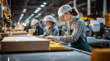 Workers assembling packages in a busy warehouse during daylight hours, focused on their tasks for efficient production photo
