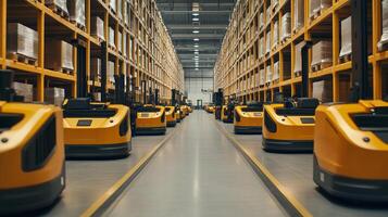 Automated guided vehicles working in a large warehouse during a busy day of operations photo