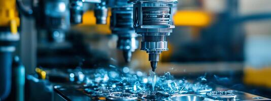 Precision machining process in an advanced factory setting with cutting tools at work on metal components photo