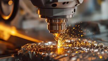 A close-up view of a precision laser cutting machine working on metallic material in a modern fabrication workshop during daylight photo