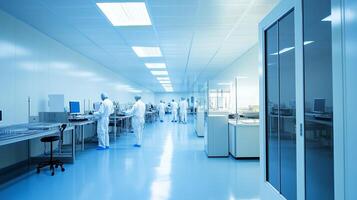 Scientists work in a cleanroom laboratory focused on research and development, showcasing advanced technology in a controlled environment photo