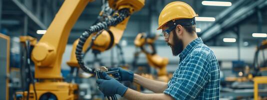 Skilled worker assembling components in a high-tech factory with robotic arms in action during daylight hours photo