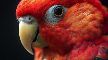 A vibrant red parrot with intricate feather details perched quietly on a branch during midday, showcasing its striking colors photo