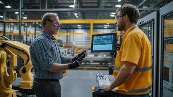 Two technicians discuss operational processes in a modern manufacturing facility during daytime hours photo