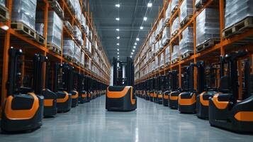 Modern warehouse filled with electric forklifts ready for efficient loading and unloading processes in a large storage facility photo