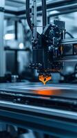 A close-up view of a 3D printer creating intricate designs in an advanced workshop during the afternoon hours photo
