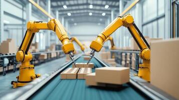 Automated robotic arms sorting boxes on a conveyor belt in a modern warehouse during daytime operations photo