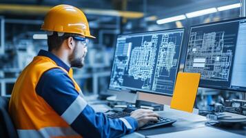 Engineer reviewing technical schematics in a factory at night while working on a computer monitor photo