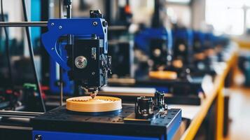 Desktop 3D printer creating a round object in a modern workshop with multiple machines during daylight hours photo