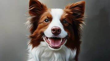 A joyful brown and white dog poses with a big smile against a soft background, capturing the essence of happiness and loyalty photo