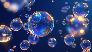 Colorful soap bubbles floating against a blue background with shimmering reflections and soft lighting effects in a playful display photo