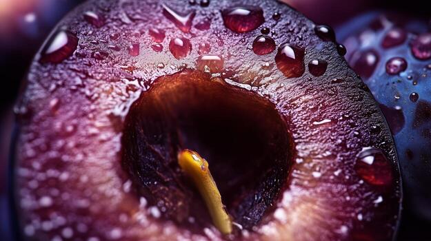 Close-up view of a fresh plum with moisture droplets, highlighting its rich color and texture in a dark, ambient setting photo