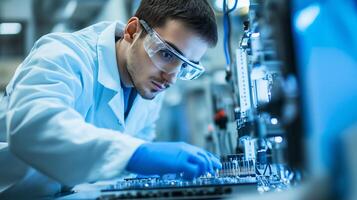 A technician carefully assembles electronic components in a laboratory during a daytime project focused on circuit development photo
