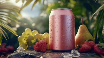 A chilled pink beverage can rests on a rock surrounded by fresh fruits in a lush tropical setting photo
