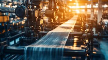 High-tech textile factory during sunset showcasing machinery and production processes in action photo