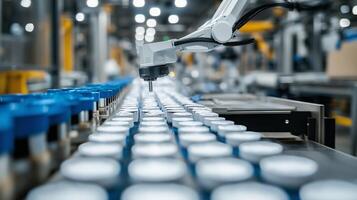 Robotic arm inspecting bottles on a production line in an automated manufacturing facility during daytime operations photo