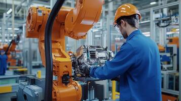 Worker in safety gear assembling components with robotic arm in a modern factory during the day photo