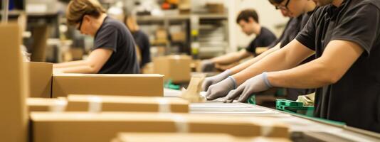 Workers assembling and packing boxes in a warehouse during the day in a busy distribution center photo