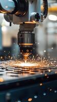 Laser cutting machine in action creating sparks during metal processing in a modern workshop photo