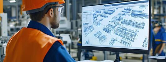 Engineering professional analyzing structural designs on a computer screen in an industrial workspace during daytime photo