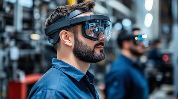 Workers using augmented reality glasses in a high-tech manufacturing facility during afternoon shift for enhanced productivity photo