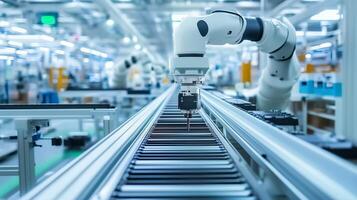 Automated robotic arm assembling components on a production line in a modern manufacturing facility during daytime photo