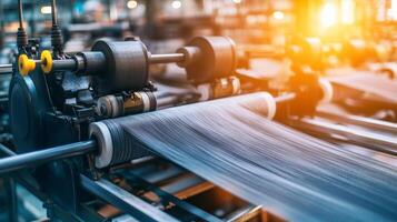 High-speed textile production process in a factory with machinery operating at sunset photo