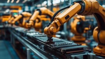 Industrial robots assembling electronic components on a conveyor belt in a modern factory setting during daytime operations photo