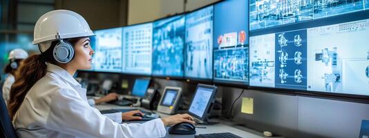 A technician monitors multiple screens in a control room, ensuring safety at a manufacturing facility during daytime operations photo