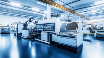 Modern automated manufacturing facility with robotic arms and advanced machinery operating during daylight hours photo