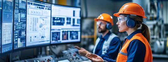 Engineers collaborating in a control room with multiple monitors during an industrial project in a factory setting photo