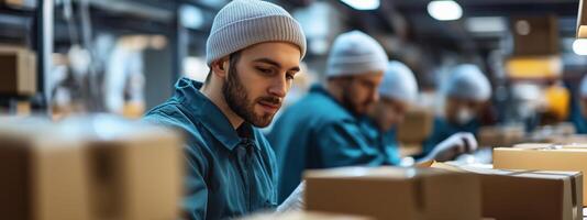 Warehouse worker focused on packing boxes in a busy distribution center during the afternoon shift photo