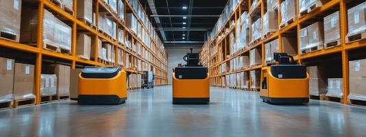Automated robots navigating through a modern warehouse filled with neatly stacked boxes during the day photo