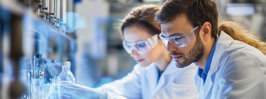 Scientists conduct research in a laboratory setting, focusing on experiments during daylight hours while using protective gear photo
