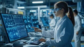 Scientist analyzing data on computer screens in a modern laboratory during a research session photo