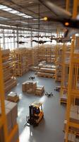 A bustling warehouse with a forklift and drones moving packages in an organized layout during daylight hours photo