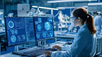 Scientist analyzing complex data on dual monitors in a modern laboratory during research on neurological patterns photo