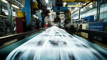 Printing press in operation, showcasing large sheets of paper moving through the machinery during a busy day at the facility photo
