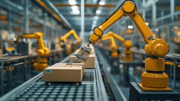 Automated robotic arms working on a production line in a warehouse during daytime operations photo