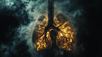 Lungs illuminated by ethereal light surrounded by smoke, showcasing a captivating blend of biology and artistic interpretation photo