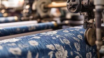 Textile printing process in a factory showcasing detailed floral patterns on blue fabric during daylight hours photo