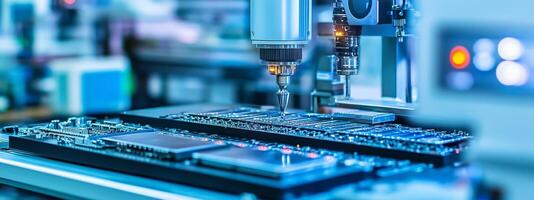 Advanced machinery assembles electronic components in a high-tech manufacturing facility during the afternoon hours photo