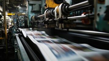Printing press in action showcasing vibrant print production in a busy facility during the day photo