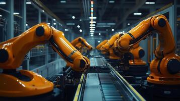 Automation in a modern factory with robotic arms working on an assembly line during production hours photo