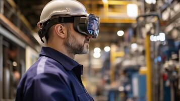 Worker using virtual reality headset in a modern factory setting during daylight hours photo