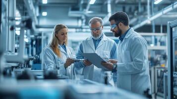 Scientists collaborating in a laboratory on research projects while reviewing data in a modern facility during the daytime photo