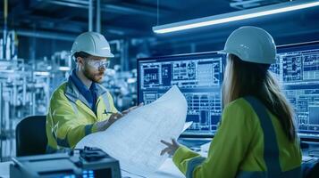 Engineers discussing project plans at a modern industrial facility while wearing safety gear and analyzing computer data photo