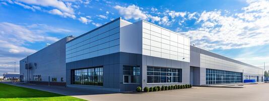 Modern industrial building exterior with large windows and clear blue skies at midday photo
