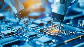 Robotic arms assemble microchips on a circuit board in a high-tech electronics manufacturing facility photo